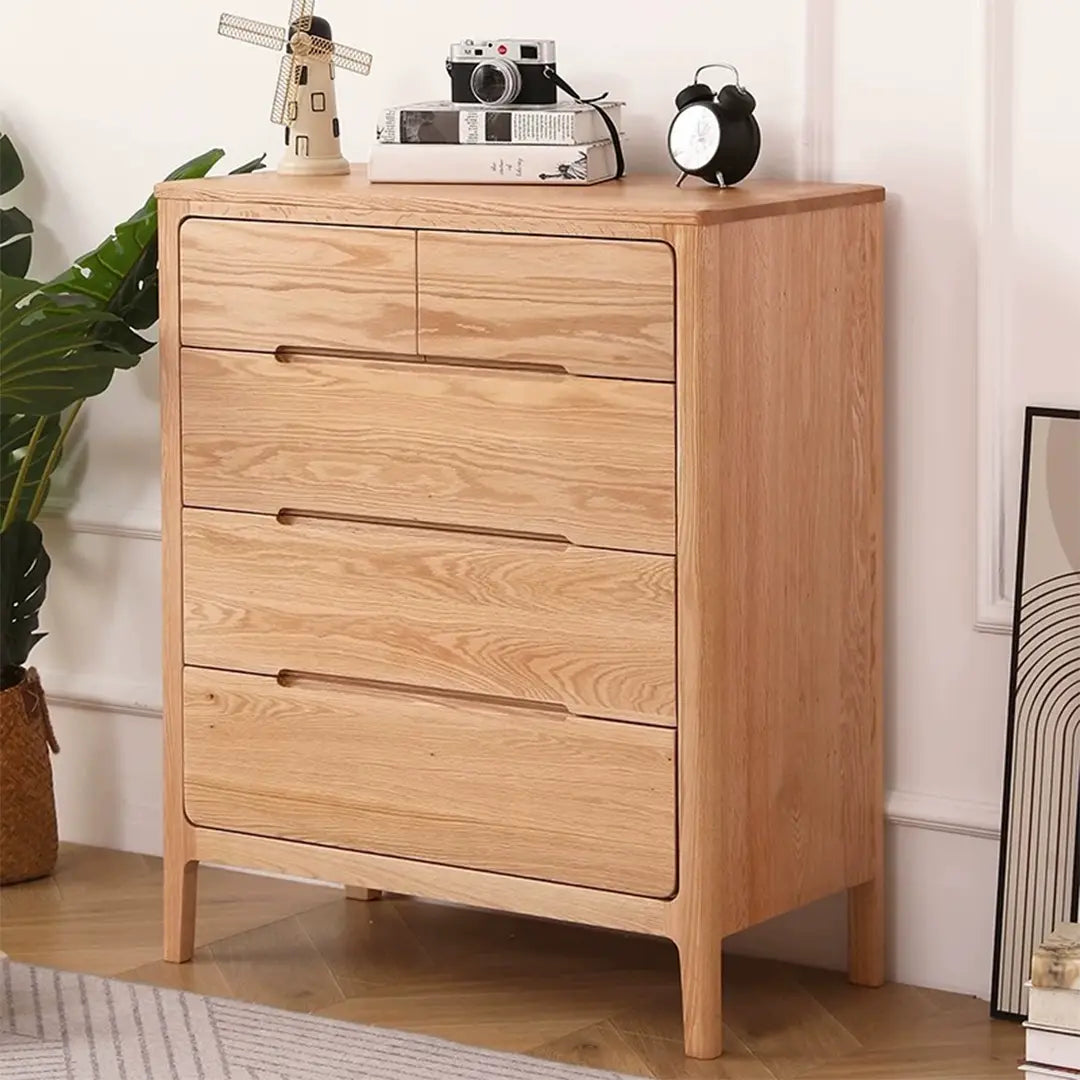 Mid-Century Modern 5-Drawer Chest – Solid Oak Wood Dresser with Soft-Close Drawers for Bedroom & Living Room Storage