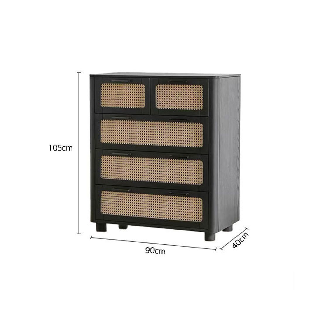 Qienn Rattan five-drawer chest in black, featuring woven rattan panels and clean, modern lines, suitable for stylish storage solutions in bedrooms.