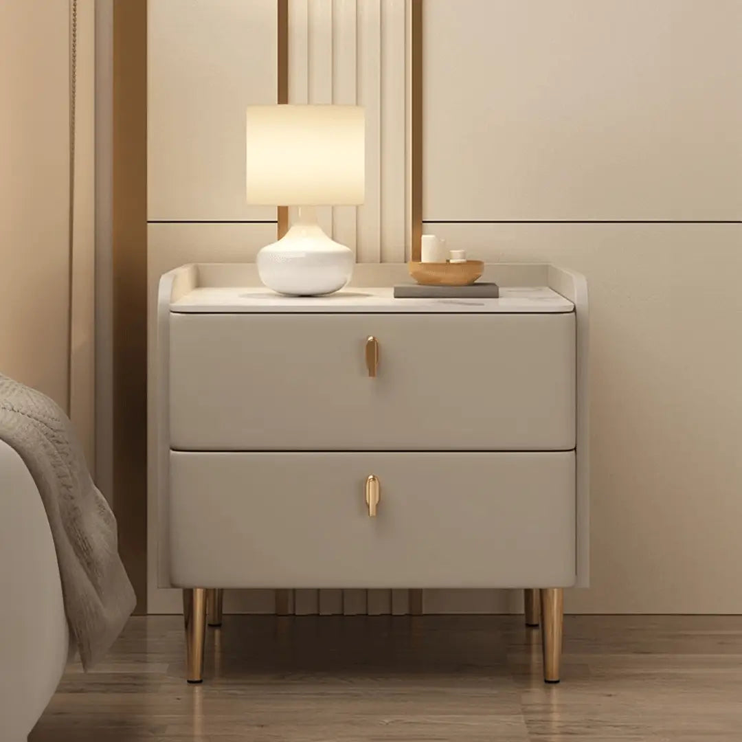 Modern Raffia Ceramic Top Bedside Table – Stylish Nightstand with Gold Handles and Legs, Perfect for Bedroom Storage and Minimalist Decor