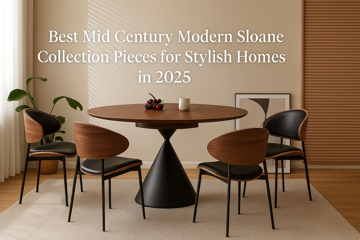 Mid century modern dining room featuring Sloane Collection chairs with curved walnut backs and a round pedestal dining table, styled for contemporary homes in 2025