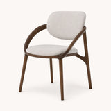 Mid-century cream dining chair with sculpted wooden arms, front-right view