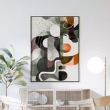 Abstract Symbiotic Silhouettes Canvas Wall Art depicting intertwined forms and shapes in a fluid, organic arrangement, blending muted and vibrant colors to suggest harmony and interconnectedness.