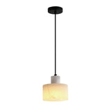 Pendant light with a white shade and black fixture on a white background