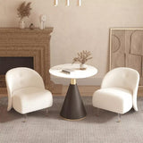 Alpine Shearling Armless Two Alpine Shearling Armless Chairs positioned around a sleek black and gold round table in front of a classic stone fireplace, offering a blend of modern and traditional style.