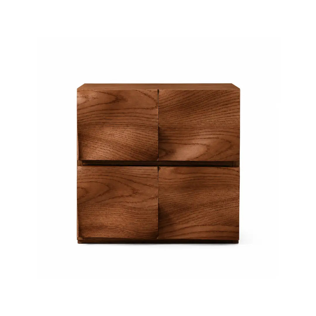 Modern walnut bedside table front view with curved sculptural drawer design UK furniture
