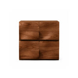 Modern walnut bedside table front view with curved sculptural drawer design UK furniture