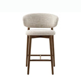 A horizontal wooden beam supports the backrest, enhancing the stool's aesthetic and structural integrity.