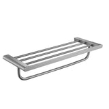 The rack features a rectangular frame with horizontal bars on the top shelf, designed to hold folded towels or other bathroom items. Below the shelf, there is a single horizontal bar for hanging additional towels. 