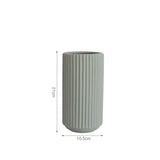 Tall grey cylindrical vase with vertical ribbing, measuring 21cm in height and 10.5cm in diameter.