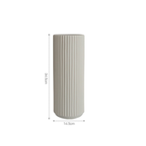 A tall, slender grey vase featuring a vertical ribbed design, measuring 34.5cm in height and 14.5cm in diameter.