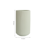 Tall soft green cylindrical vase with vertical ribbing, measuring 25.5cm in height and 14.5cm in diameter.