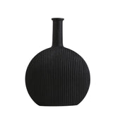 A matte black textured vase with a narrow neck and rounded body, exhibiting elegant vertical grooves, creating a minimalist and modern aesthetic.