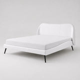 Designer white upholstered super king bed frame with rounded headboard, low profile base and black legs