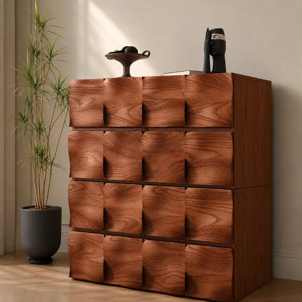 Designer sculptural wooden storage cabinet with wave drawers for modern mid-century interiors UK