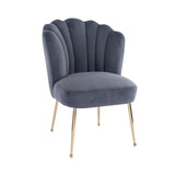 Side view of the Elara Velvet Dining Chair in a deep grey colour, featuring a plush, scalloped backrest and sleek gold legs, highlighting the chair luxurious and elegant design.