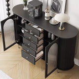 Open Black Elizabeth Glass Sideboard Cabinet Showing Storage - Black sideboard cabinet with open doors and drawers, showcasing ample storage space for dishes and decor items.