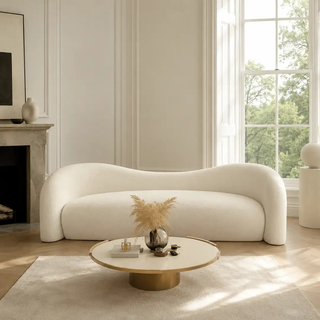 Gilla Sofa styled in a neutral living room, showing a luxury minimalist sofa with curved arms, soft white upholstery, and a modern designer look ideal for contemporary home interiors