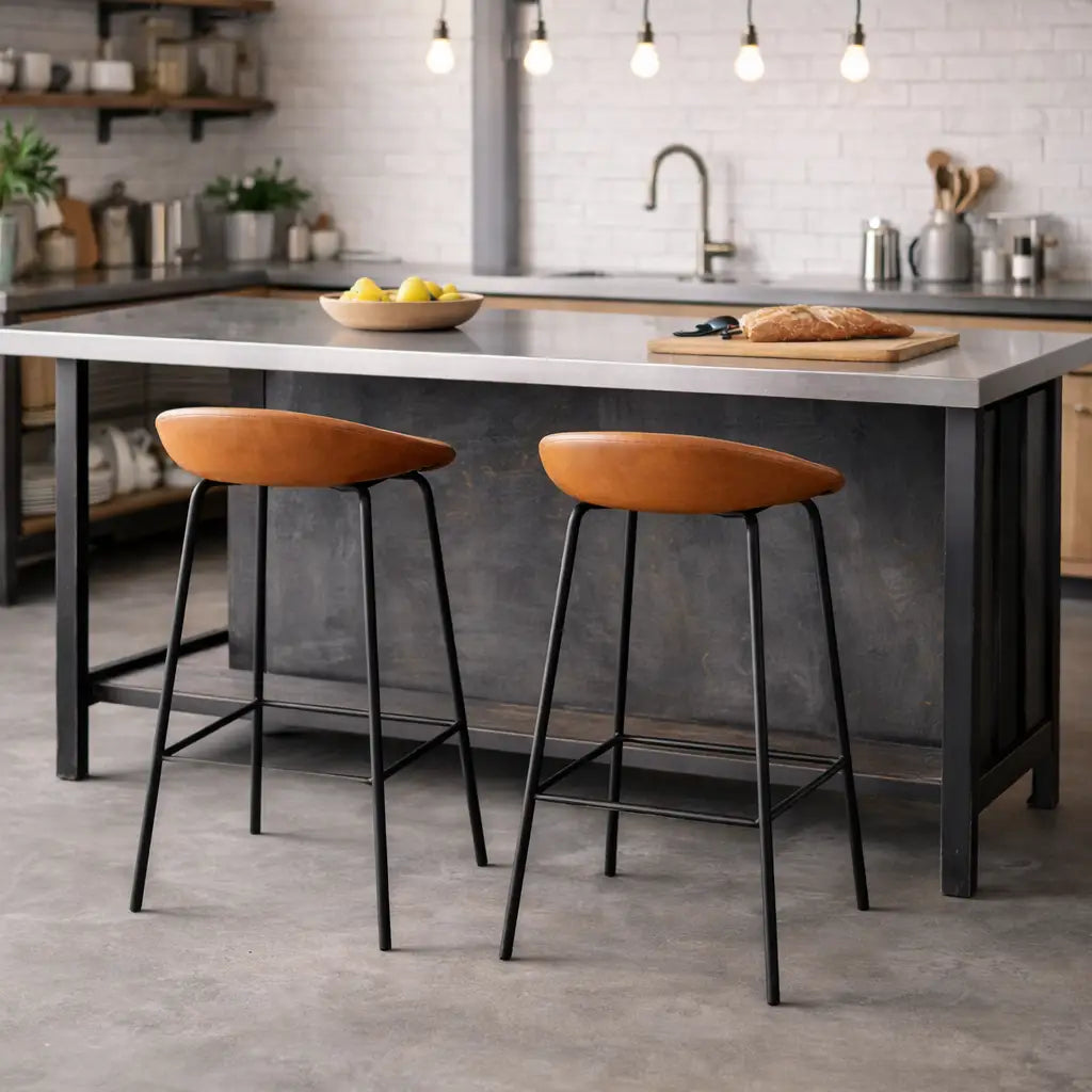 Leather bar stool UK with black metal frame at industrial kitchen island
