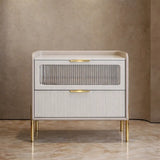 Hallfield ceramic top bedside table in light grey with ribbed front and gold legs
