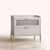 Hallfield ceramic top bedside table in light grey with ribbed front and gold legs
