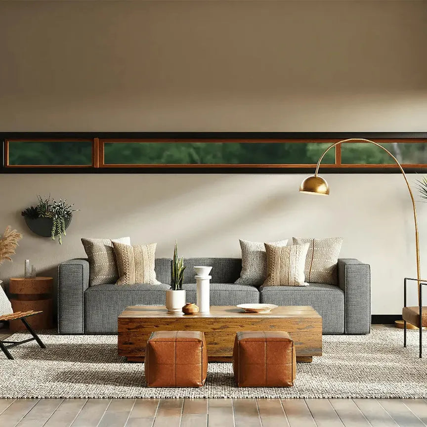 Modern living room furniture with sofa, coffee table and floor lamp