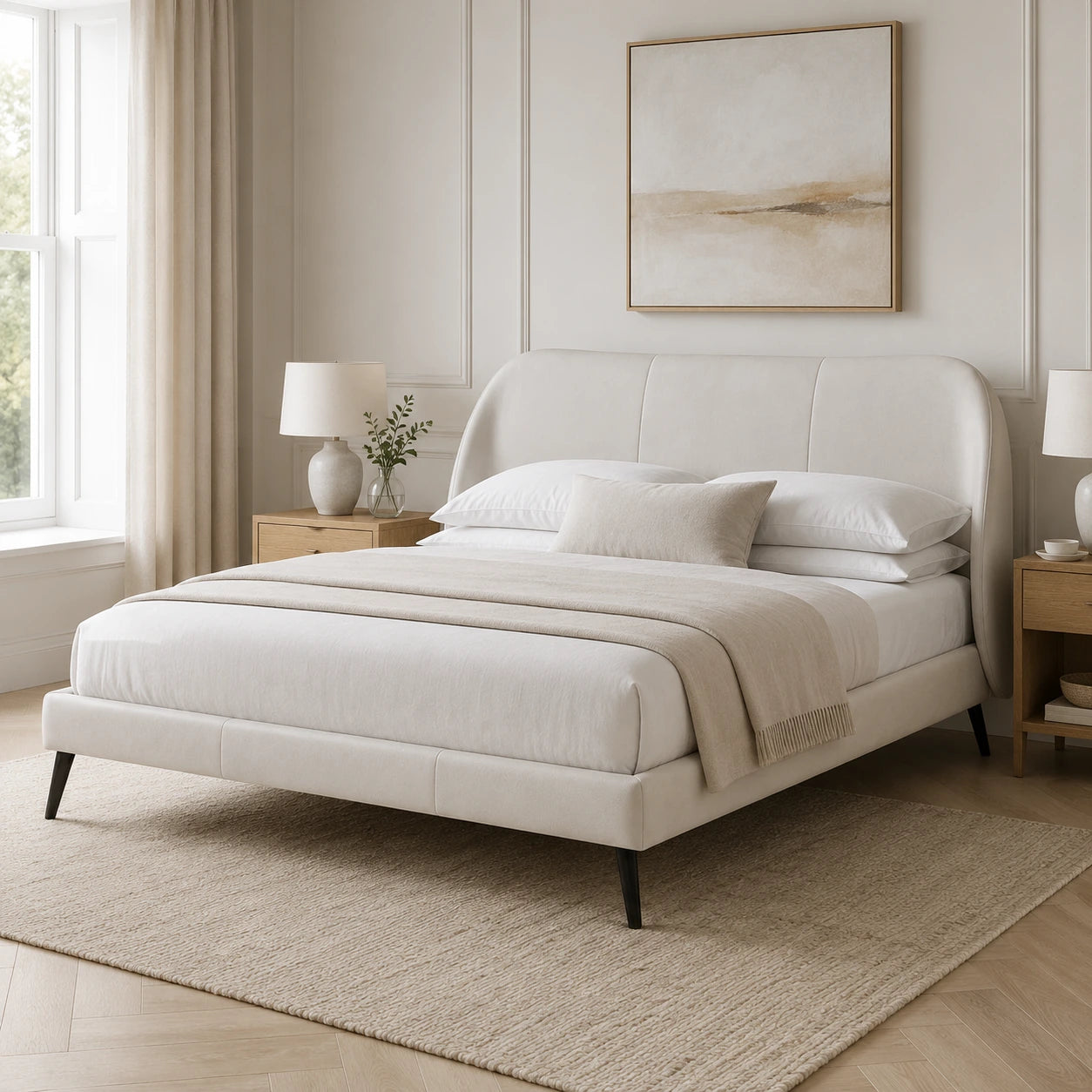 White upholstered super king bed frame with curved panelled headboard and black legs, styled in a neutral modern UK bedroom