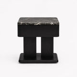 Maidstone luxury green marble bedside table with matt black ash wood base in a three-quarter product view.