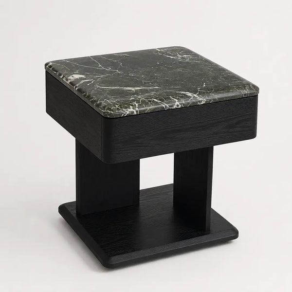 Front view of the Maidstone mid-century bedside table with green marble top and geometric black ash wood base.