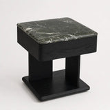 Front view of the Maidstone mid-century bedside table with green marble top and geometric black ash wood base.