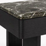 Close-up of the Maidstone green marble bedside table with gloss stone top and matt black ash wood frame.