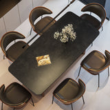 Overhead view of the Meadow Industrial Rectangle Dining Table, beautifully set with six modern chairs, displaying a contemporary dining setup with sleek lines and a dark tabletop.