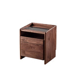 Elegant Mid-Century Modern bedside table made from solid black walnut wood, featuring a minimalist design with a spacious drawer and open shelf, perfect for stylish bedroom storage and decor.