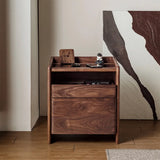 Mid-Century Modern bedside table made of solid black walnut wood, featuring a minimalist design with elegant lines and compact storage, perfect for stylish and luxurious bedroom decor.