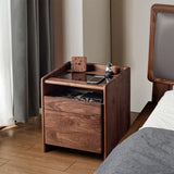 Elegant Mid-Century Modern bedside table crafted from solid black walnut wood, featuring a sleek design with ample storage space, perfect for enhancing the sophistication of your bedroom decor.