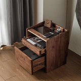 Mid-Century Modern bedside table in solid black walnut wood with open drawers showcasing ample storage, perfect for organizing your essentials while adding a stylish touch to your bedroom decor.