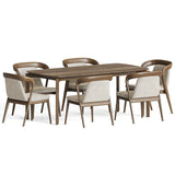 A sleek dining room set featuring a walnut-finished table and matching chairs with curved backrests and beige upholstered seats, evoking Mid-Century Modern elegance.