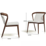  two views of a Mid-Century Horn Dining Chair made from walnut-finished ash wood, with measurements. The chair has a curved wooden backrest and a cushioned seat upholstered in light fabric. One chair is displayed from the side, showing the smooth curve of the backrest and the chair's legs, while the other is displayed from the front. Dimensions of the chair are also shown, with the height being 850mm, the depth 520mm, and the width 550mm.