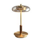 Mid-Century Walnut Wood & Brass Table Lamp with a clear glass dome shade on a clean white background, showcasing its modern and sleek design.