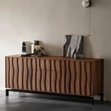 Wooden sideboard with wavy pattern in a minimalistic room