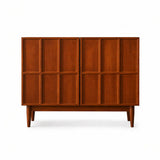 mid-century modern wooden storage cabinet with panelled doors and tapered legs on a white background for living room and office storage UK