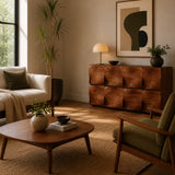 Mid-century modern living room with sculptural walnut sideboard and designer furniture styling UK