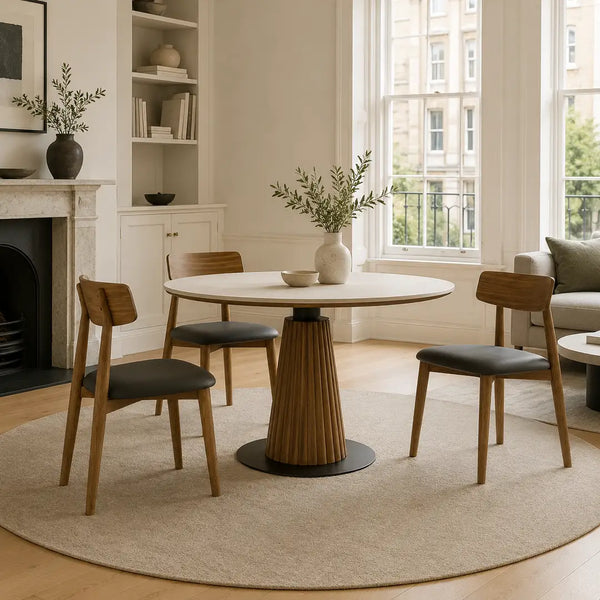 Mid-century dining table in a living room setting with ceramic top, round shape and sculptural pedestal base, styled as a modern round dining table for compact homes.