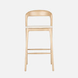 Mid-century bar stool with raw wood frame and white upholstered seat, shown in a side front view on a plain background, ideal for modern kitchen and breakfast bar seating.