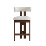 Mid-century Sunbury Boucle Bar Stool viewed from the front, highlighting the minimalist design and plush boucle-upholstered seat with a sturdy wooden frame - Brightly Home