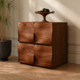 Mid-century modern bedside table in walnut wood finish styled in a warm Japandi living room interior UK