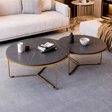 Set of 2 round dark grey ceramic top nesting coffee tables with gold metal frame