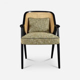 A front view of a Mid-Century style armchair with a rattan backrest, black wooden frame, and a cushioned seat and back pillow upholstered in a textured green fabric, showcasing a blend of vintage design and modern comfort.