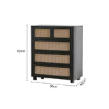 Qienn Rattan five-drawer chest in black, featuring woven rattan panels and clean, modern lines, suitable for stylish storage solutions in bedrooms.