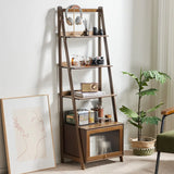 Rustic wooden ladder bookshelf with multiple shelves displaying books, a vintage camera, and decorative items in a stylish home setting.