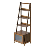 Rustic wooden ladder shelf with multiple tiers, featuring a built-in cabinet with ribbed glass door, isolated on a white background.